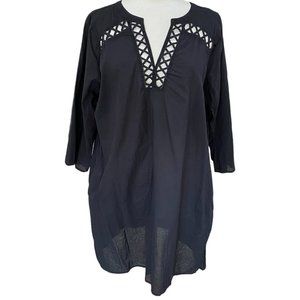 Lands’ End Lattice Neck Swim Cover-Up Tunic Dress Black Beach Resort Coastal-L